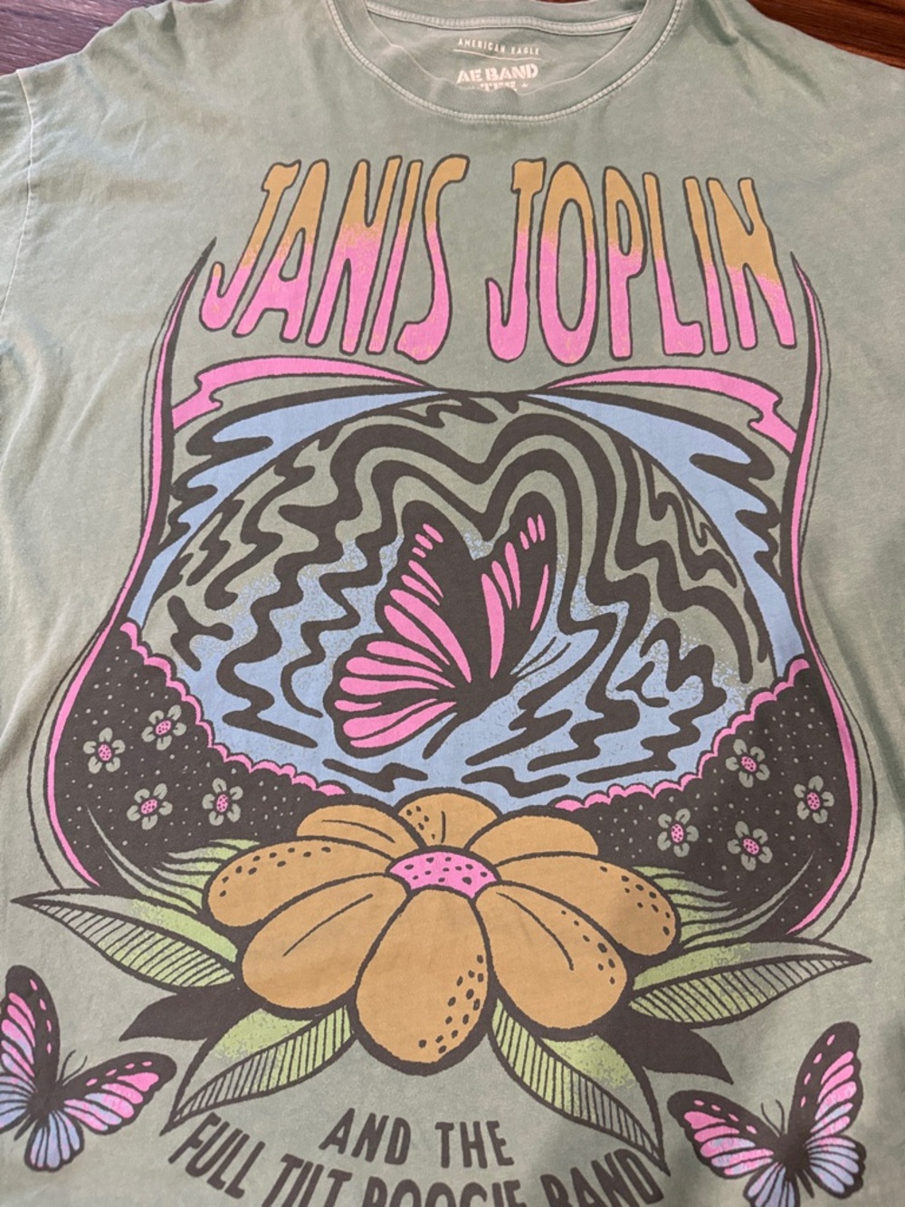 American Eagle Mint Green Janis Joplin Graphic Tee with Pastel Floral Print - Picture 2 of 2